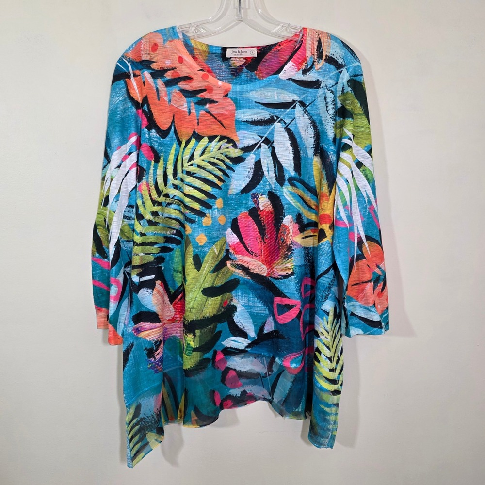 Jess & Jane Women Tunic Tropical Botanical Print Sheer Hem Blue Multi Size Large